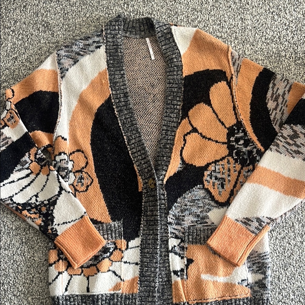 Free People Orange and Black Floral Cardigan Sweater
